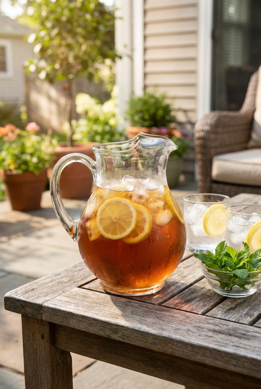 A pitcher of iced tea with lemon slices on a patio table
