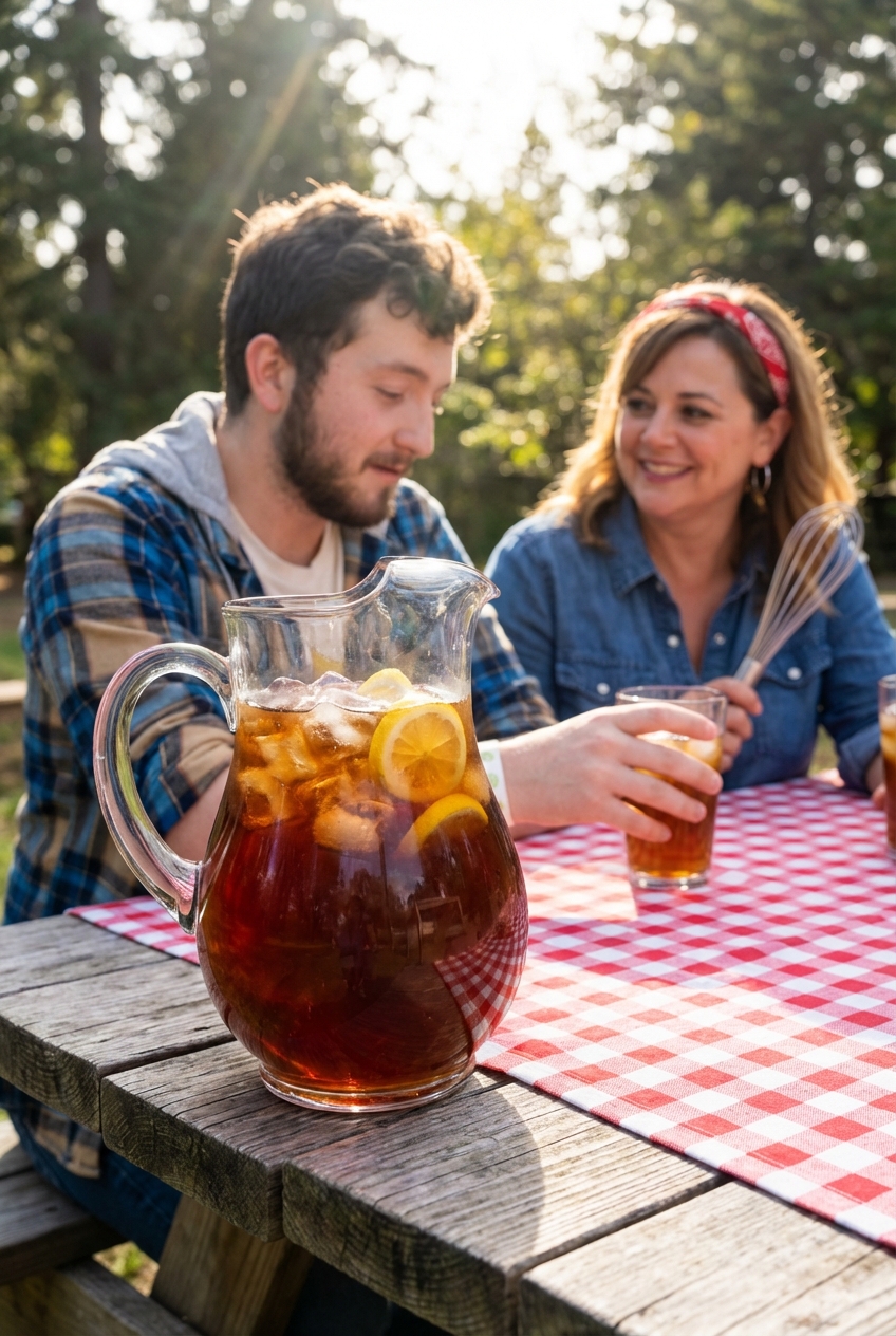 A pitcher of iced tea with lemon slices on a picnic table