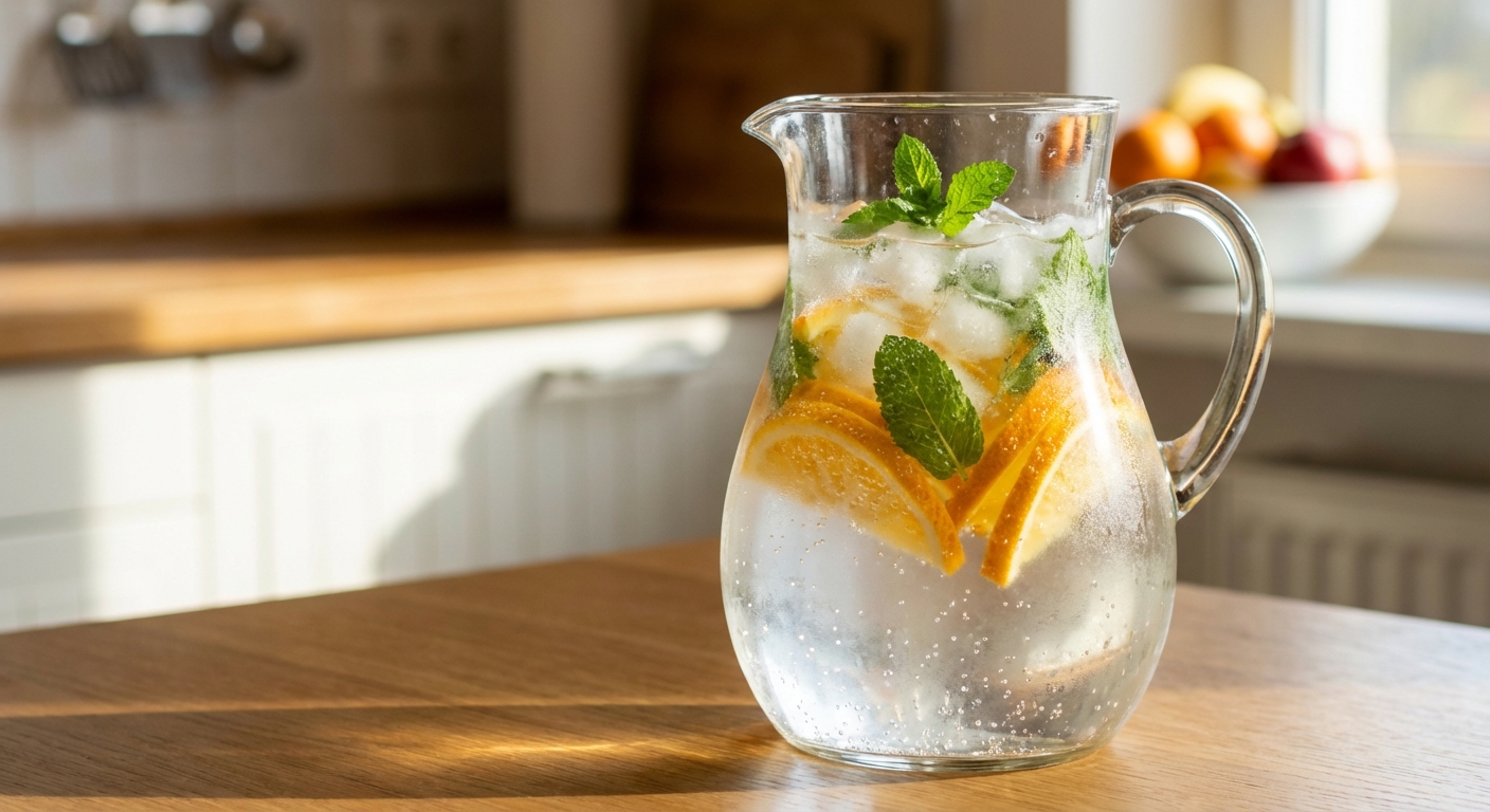 A pitcher of sparkling citrus water with orange slices and mint on ice