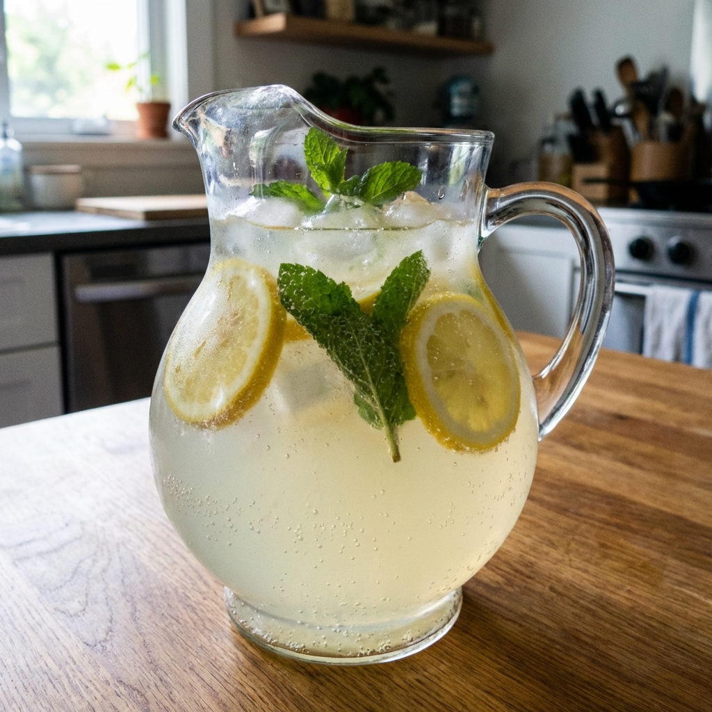 A pitcher of sparkling lemonade with sliced lemons and fresh mint on a table