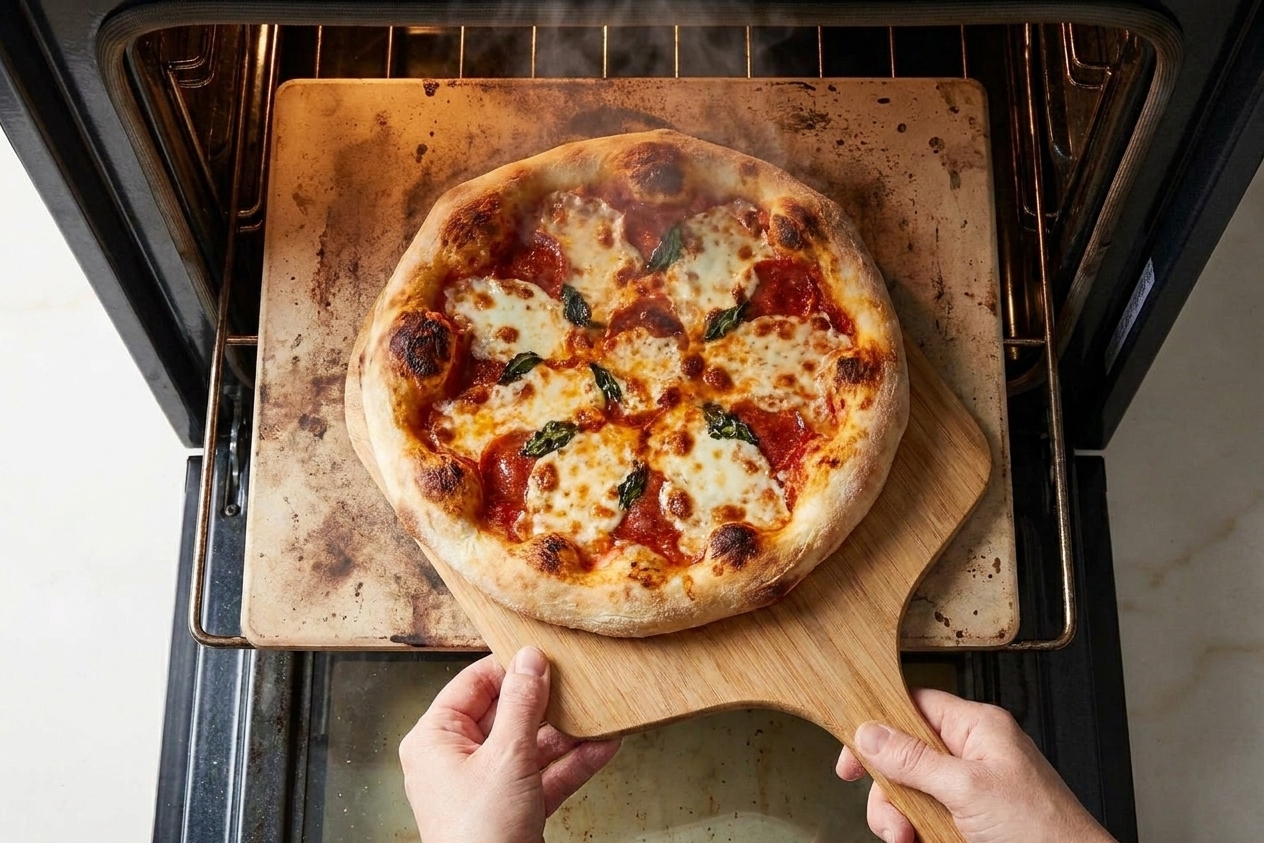 A pizza baking on a hot stone inside an oven, cheese bubbling and crust edges beginning to brown