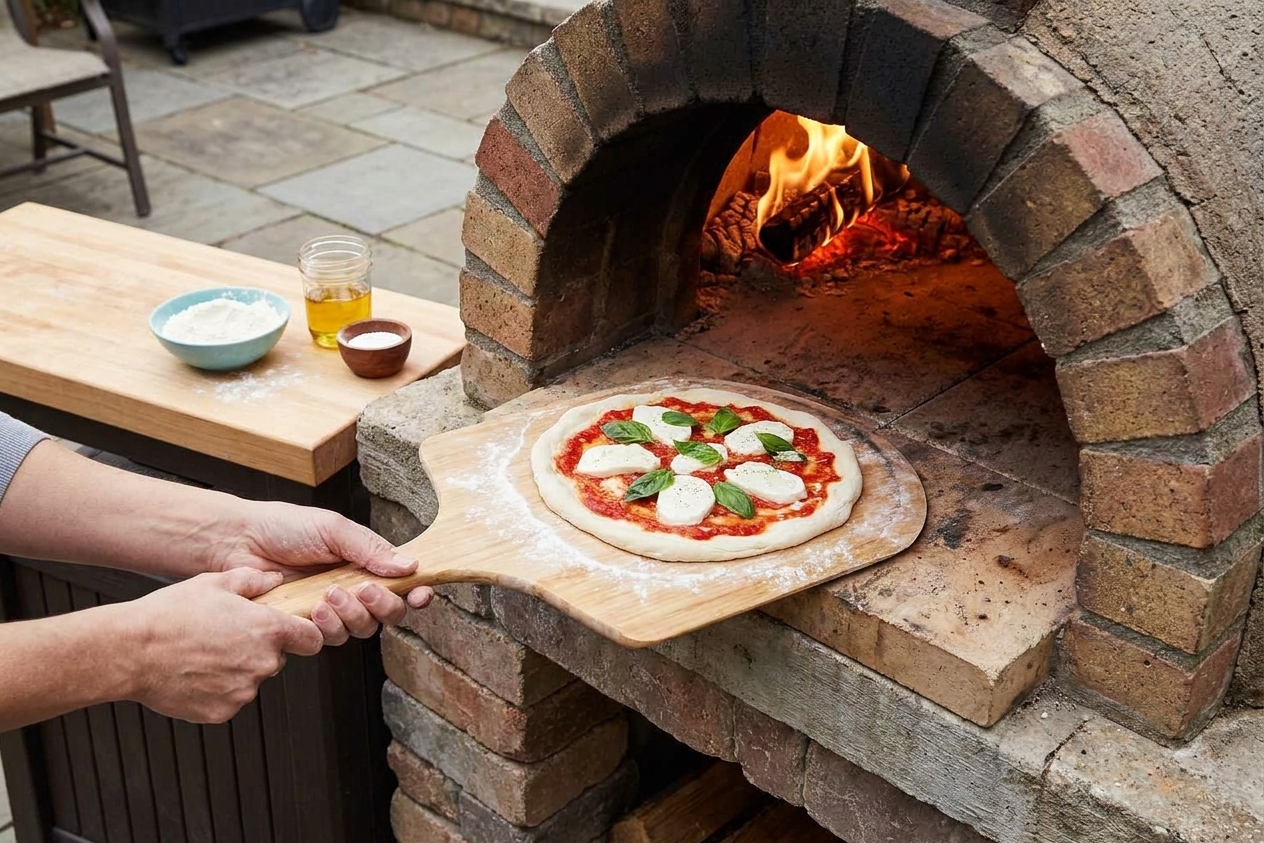 A pizza being slid off a wooden peel toward the hot stone inside an outdoor pizza oven