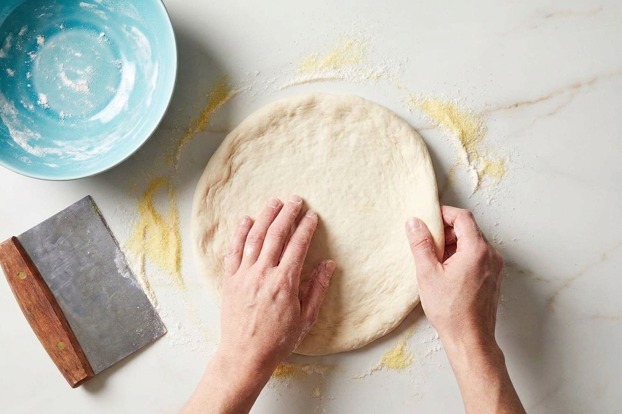 A pizza dough round being stretched by hand on a floured surface with semolina nearby