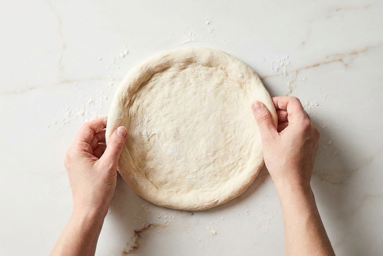 A pizza dough round being stretched by hand over a floured countertop, with a rim forming around the edge