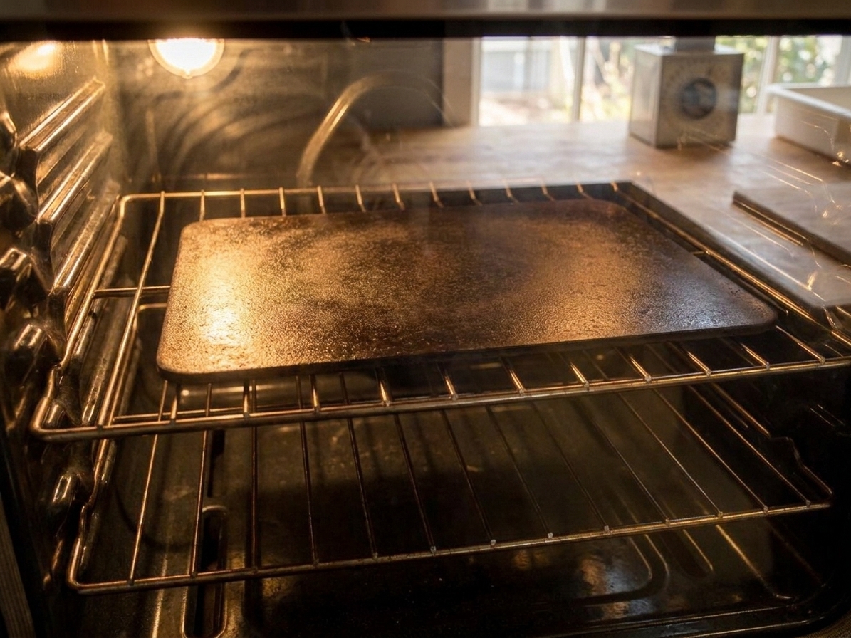A pizza steel preheating on the top rack of a home oven with the oven light on