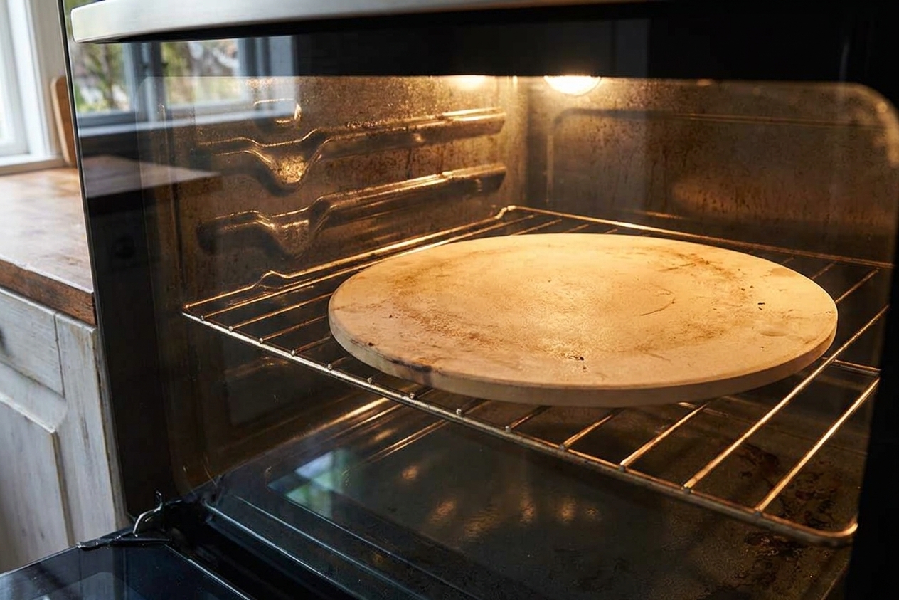 A pizza stone preheating on an oven rack with the oven light on in a home kitchen