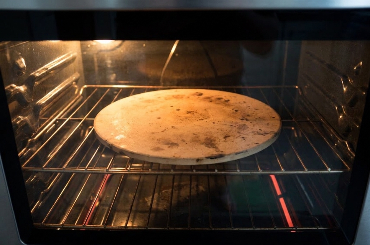 A pizza stone preheating on an oven rack with the oven light on, showing a hot home oven setup
