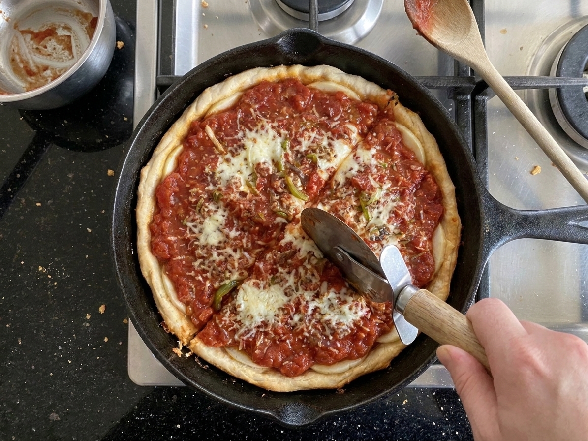 A pizza wheel slicing deep-dish pizza in a cast iron skillet on a kitchen counter