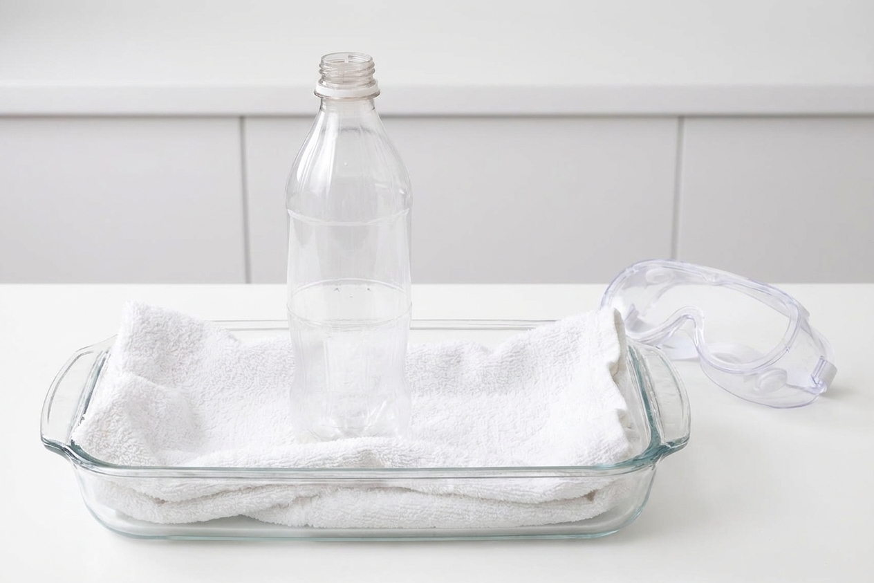 A plastic bottle centered in a deep roasting pan lined with a towel, with safety goggles nearby on a kitchen counter