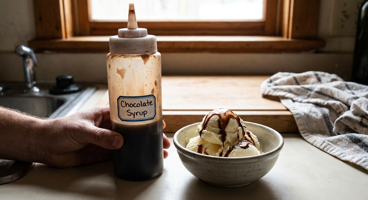 A plastic squeeze bottle filled with chocolate syrup sitting on a kitchen counter next to a small bowl of ice cream