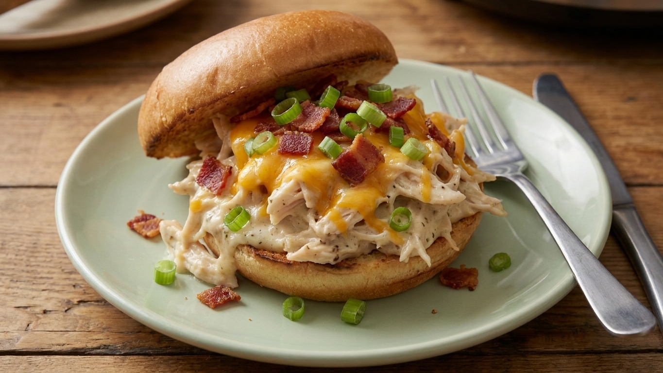 A plate holding a cracked chicken sandwich with creamy shredded chicken and melted cheddar, topped with bacon and green onions