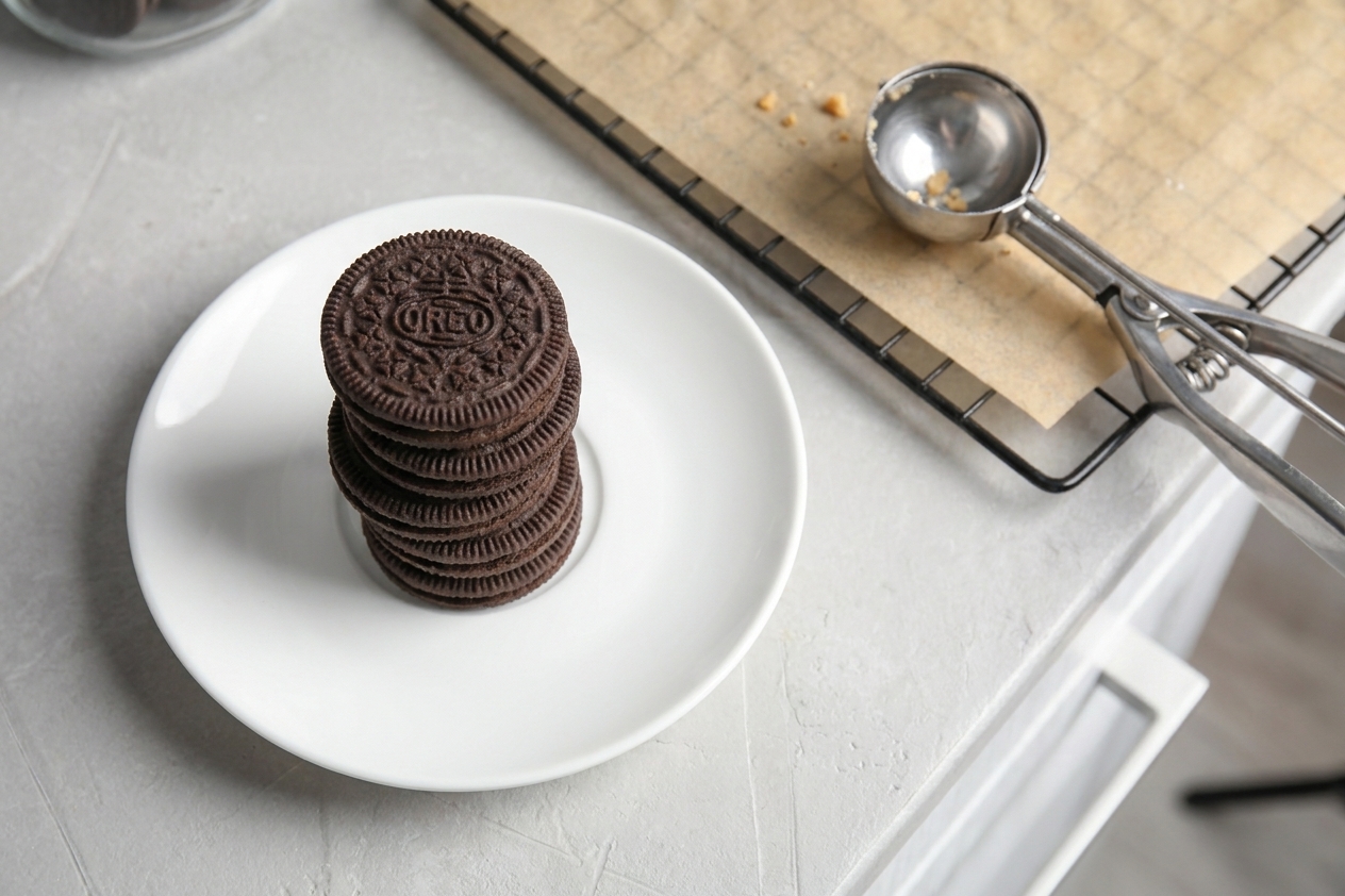 A plate holding a neat stack of classic Oreo cookies on a bright kitchen counter next to a parchment lined baking sheet
