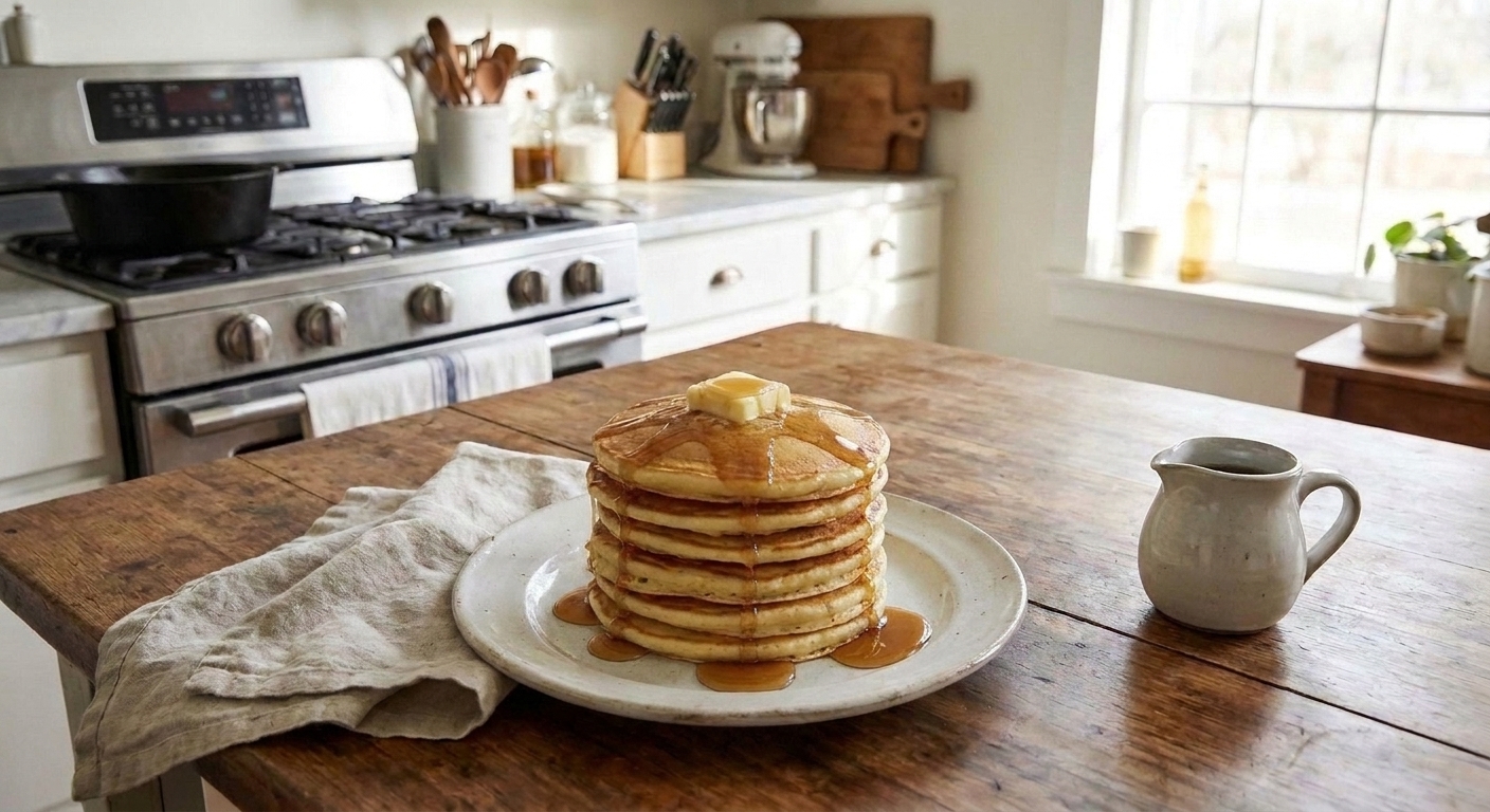 A plate holding a stack of buttermilk pancakes with butter on top and a small pitcher of maple syrup nearby on a breakfast table