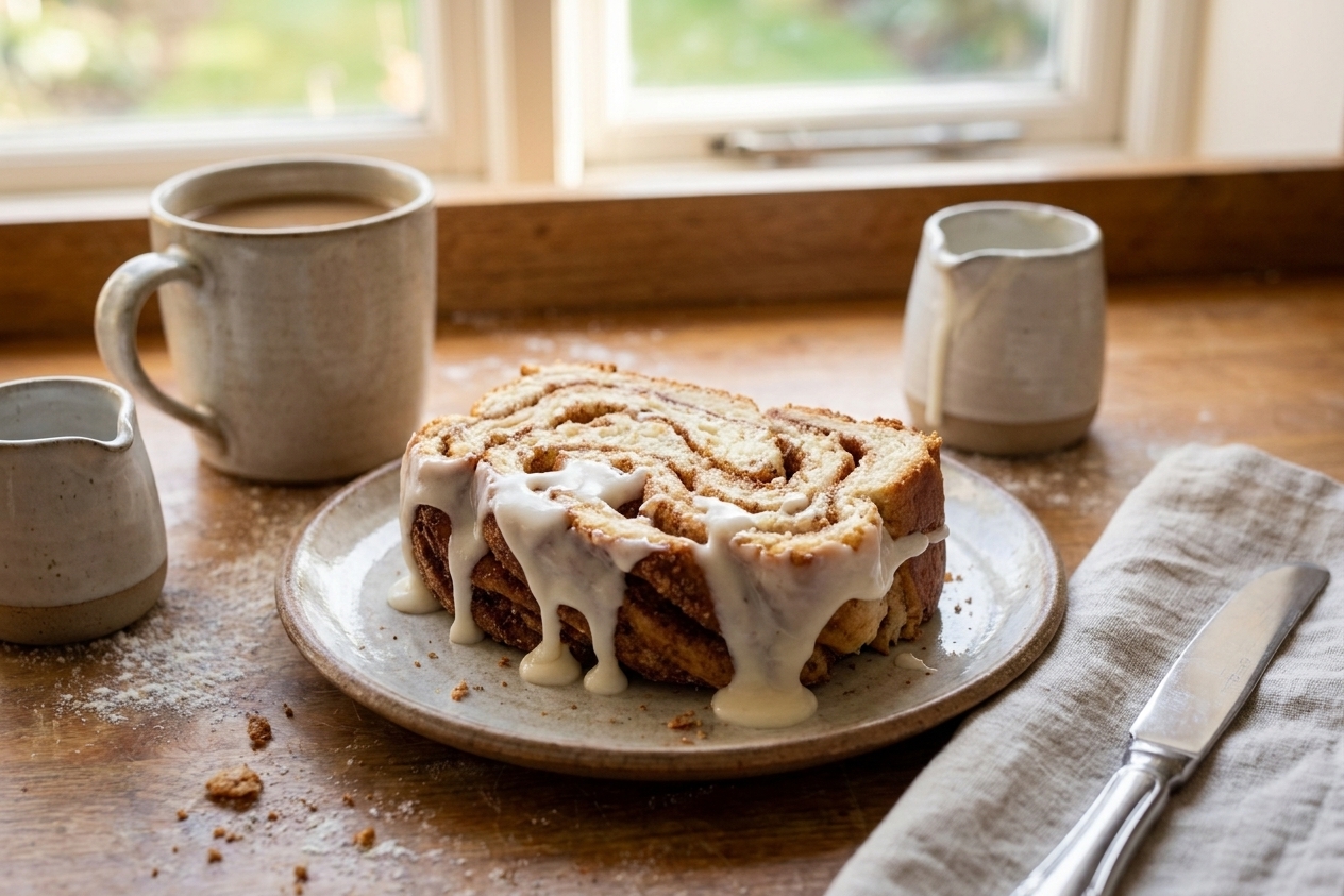 A plate holding a thick slice of pull-apart cinnamon bread with vanilla icing dripping down the sides, set on a cozy breakfast table with a mug of coffee