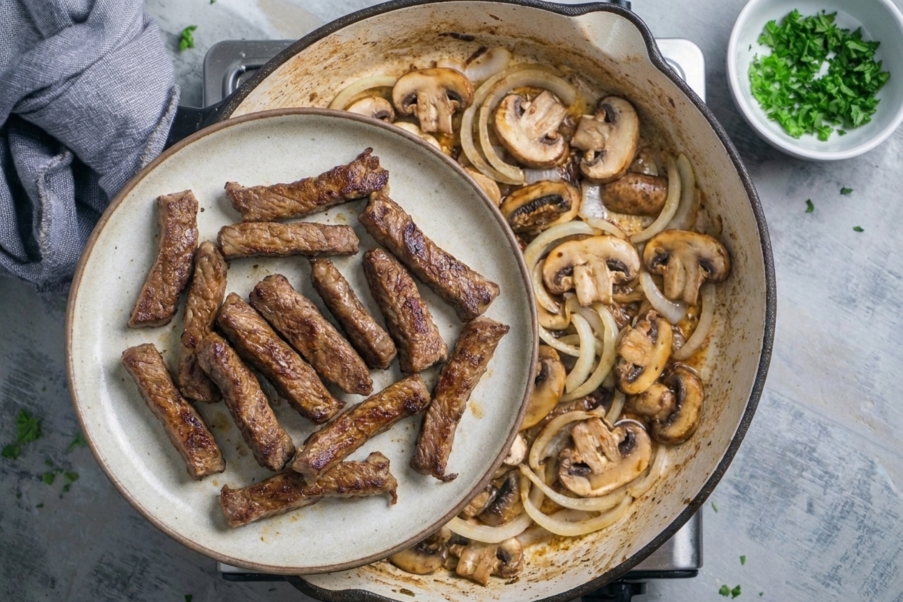 A plate holding browned strips of beef after searing, resting while vegetables cook