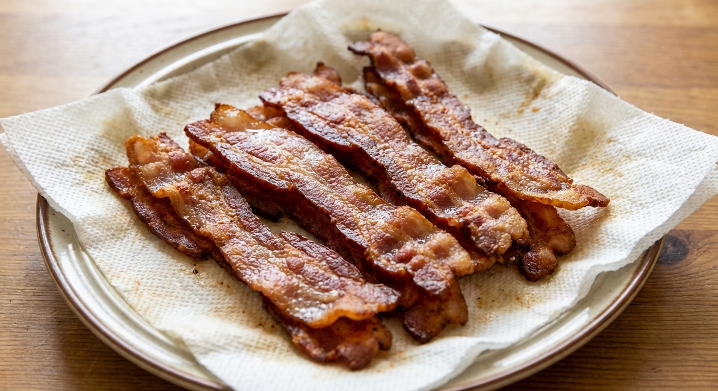 A plate lined with paper towels holding freshly baked crispy bacon strips with browned edges, close-up photorealistic food photography
