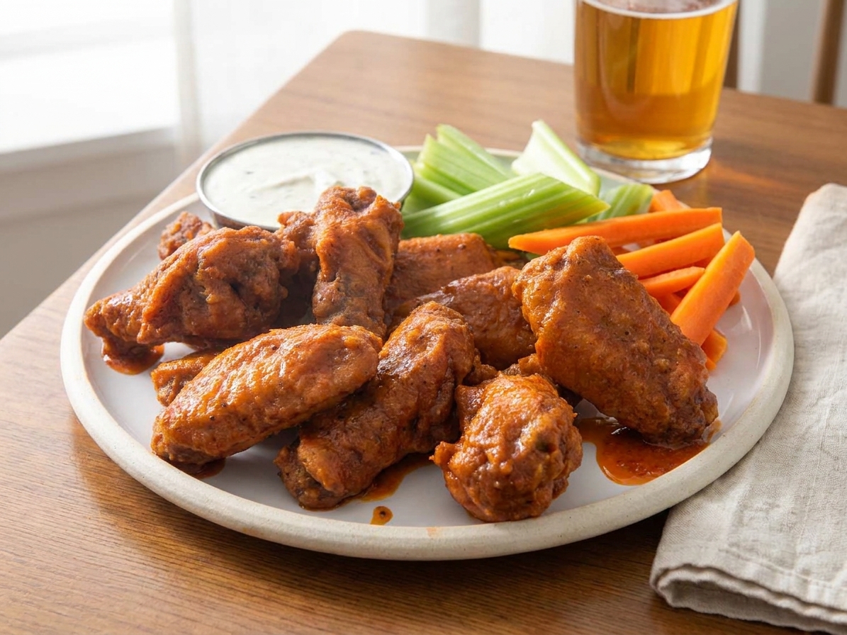 A plate of Buffalo wings with crisp edges, celery sticks, carrot sticks, and a small bowl of blue cheese dressing on a dining table