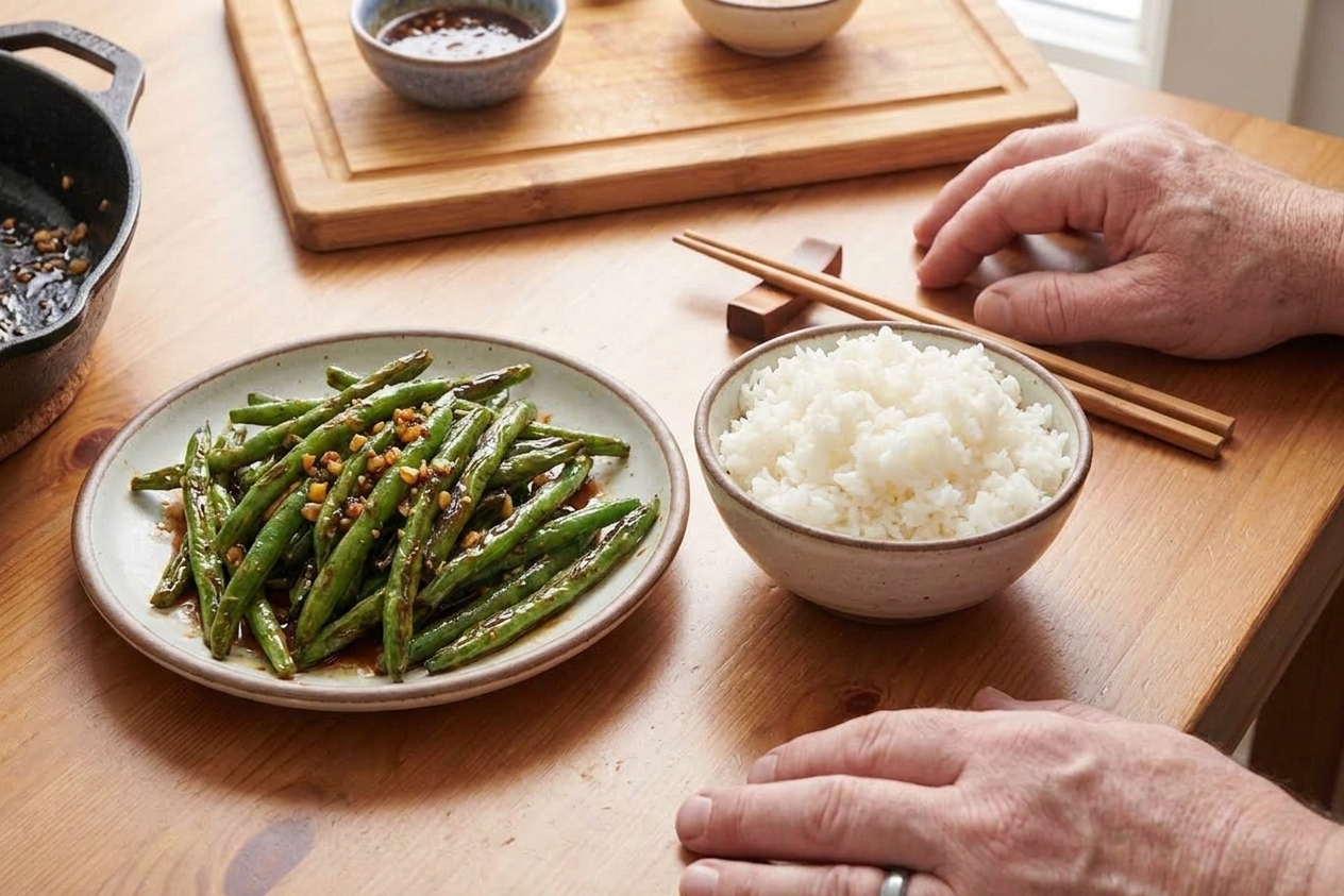 A plate of Chinese-style garlic green beans served beside a bowl of steamed rice<!-- inpage-recommendation:22442 --> on a simple dinner table with chopsticks