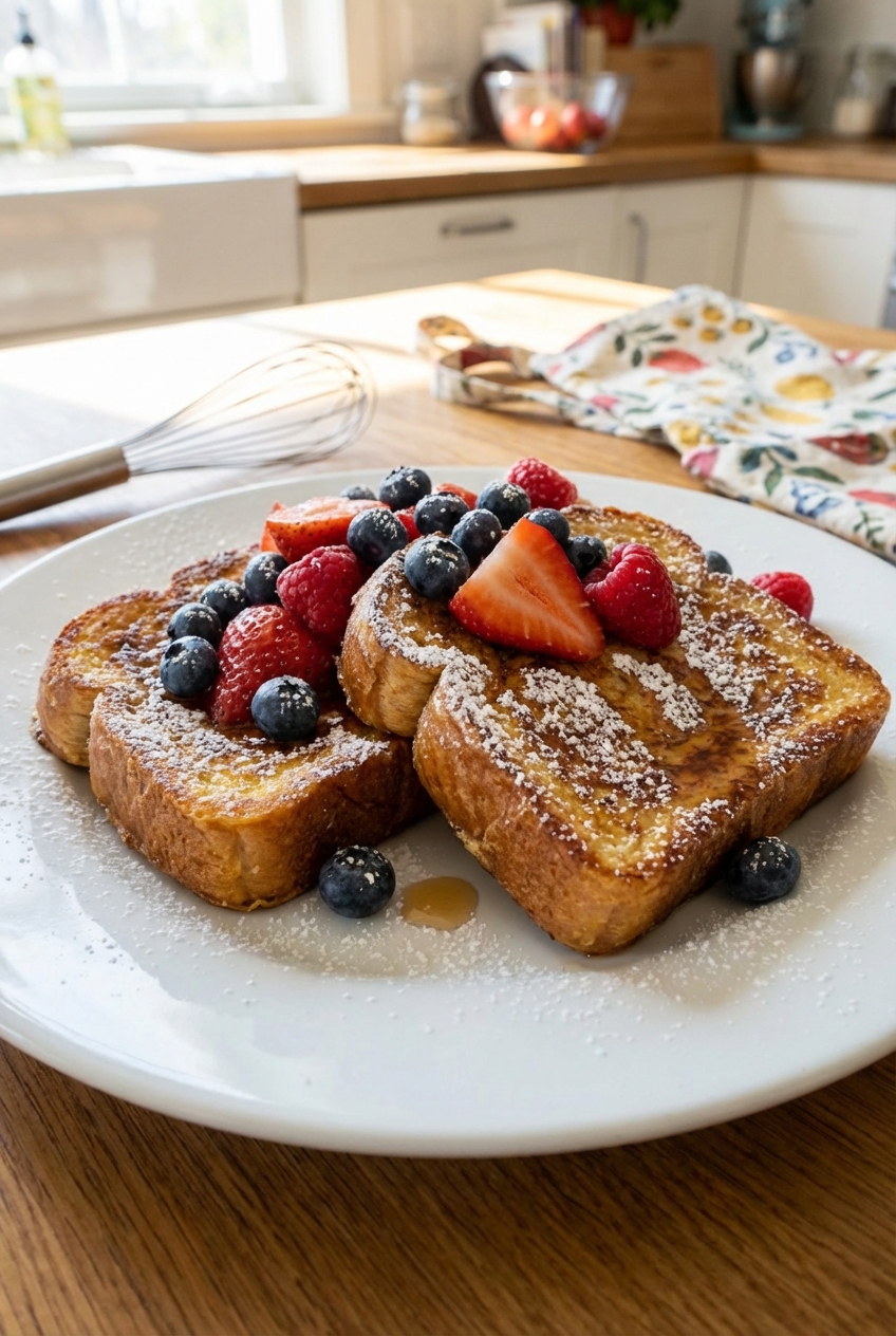 A plate of French toast slices dusted with powdered sugar and fresh berries