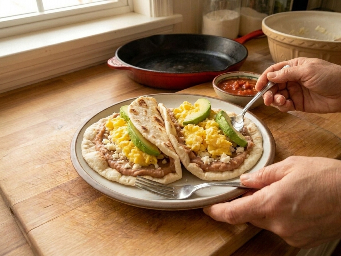 A plate of Honduran baleadas made with soft flour tortillas folded over creamy refried beans and salty cheese, topped with scrambled eggs and sliced avocado on a wooden table in warm natural light