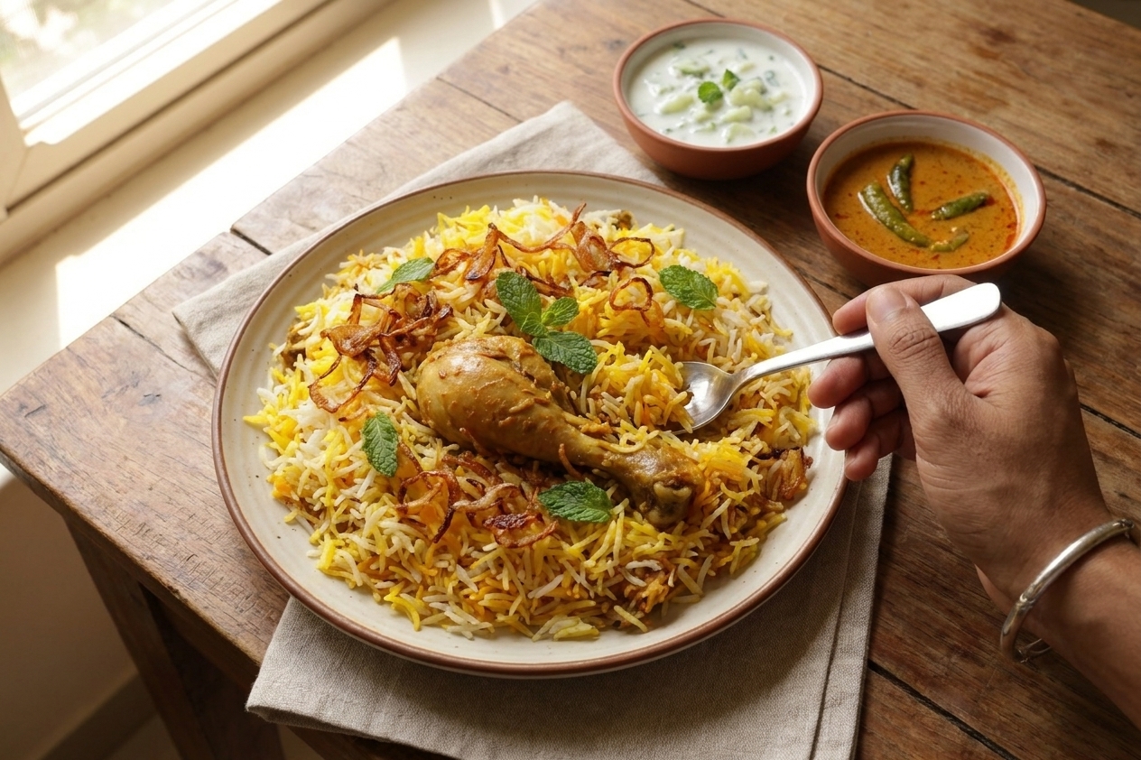 A plate of Hyderabadi chicken biryani with long rice grains, a chicken piece, fried onions, and mint leaves on top at a dinner table