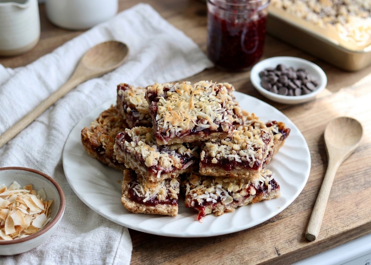 A plate of Naomi bars cut into neat squares, showing layers of graham crust, jam, chocolate chips, and toasted coconut on a light kitchen table