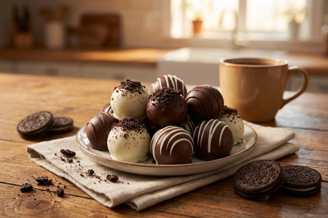 A plate of Oreo chocolate truffles coated in dark and white chocolate, some drizzled and topped with cookie crumbs, set on a cozy kitchen table with a linen napkin