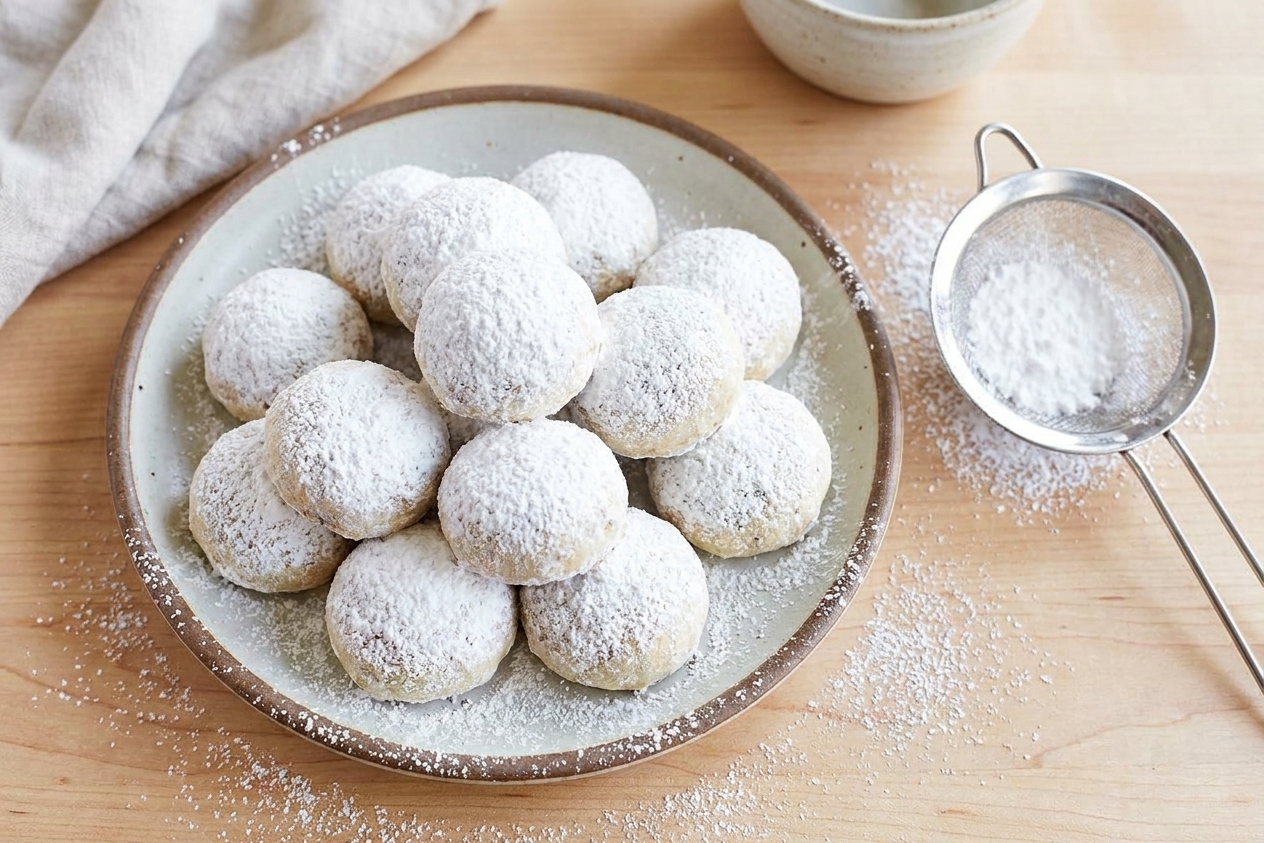 A plate of Russian tea cakes dusted heavily with powdered sugar on a light kitchen table, with a small sifter and scattered sugar nearby