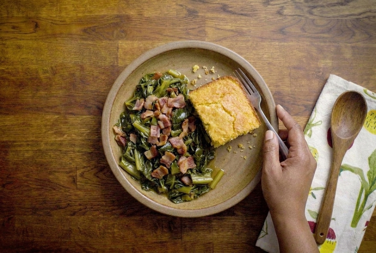 A plate of Southern-style mustard greens served alongside a square of cornbread on a simple dinner table
