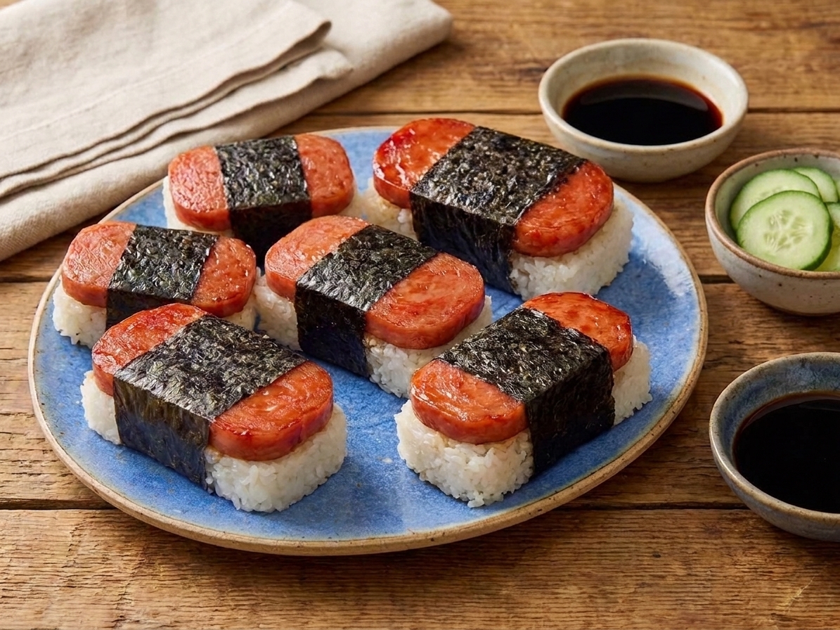A plate of Spam musubi pieces arranged neatly with a small dish of soy sauce and a few cucumber slices on the side