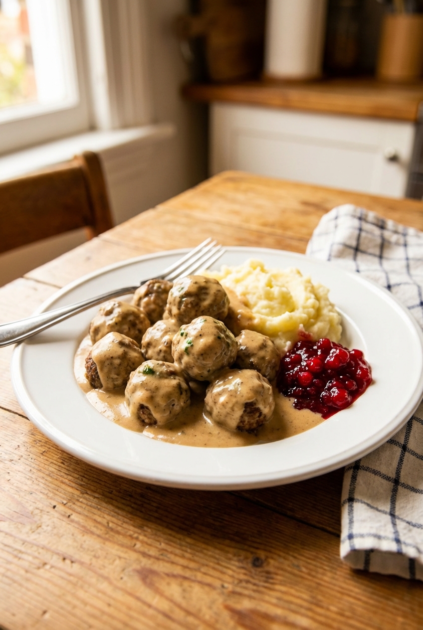 A plate of Swedish meatballs with creamy gravy next to mashed potatoes and lingonberry jam