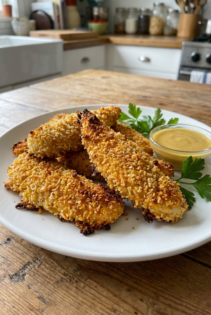 A plate of baked chicken tenders with a crunchy coating