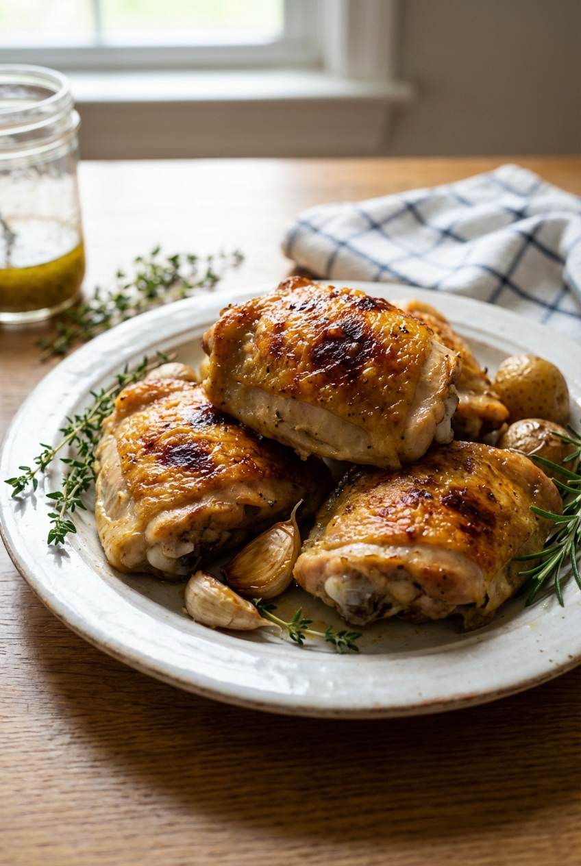 A plate of baked chicken thighs with crispy skin
