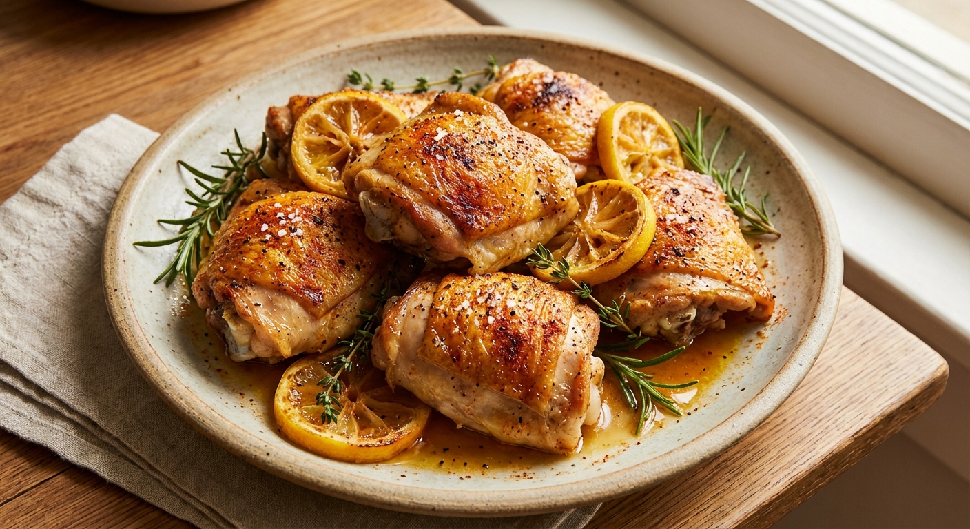 A plate of baked chicken thighs with lemon slices and herbs