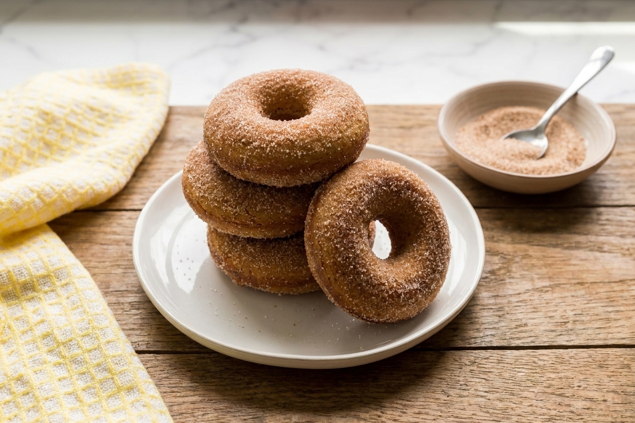 A plate of baked cinnamon sugar donuts stacked slightly askew on a wooden table with a small bowl of cinnamon sugar nearby, warm kitchen lighting