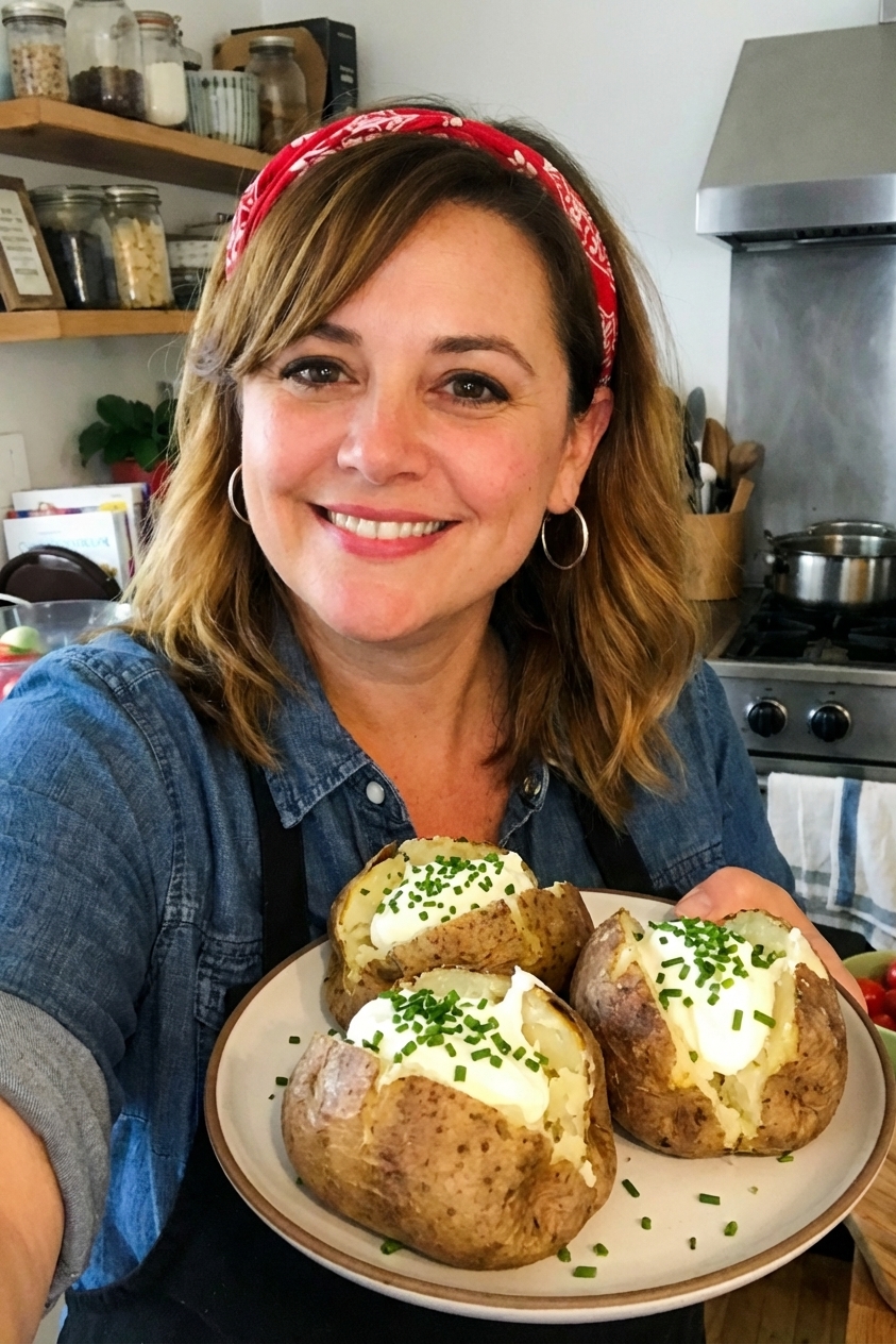 A plate of baked potatoes split open with a dollop of crème fraîche and chopped chives