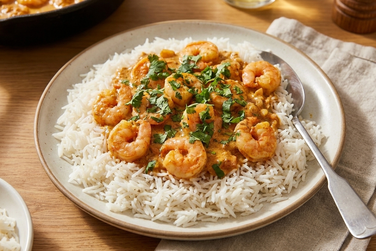 A plate of basmati rice topped with creamy shrimp curry and cilantro, with a spoon resting on the side on a dining table