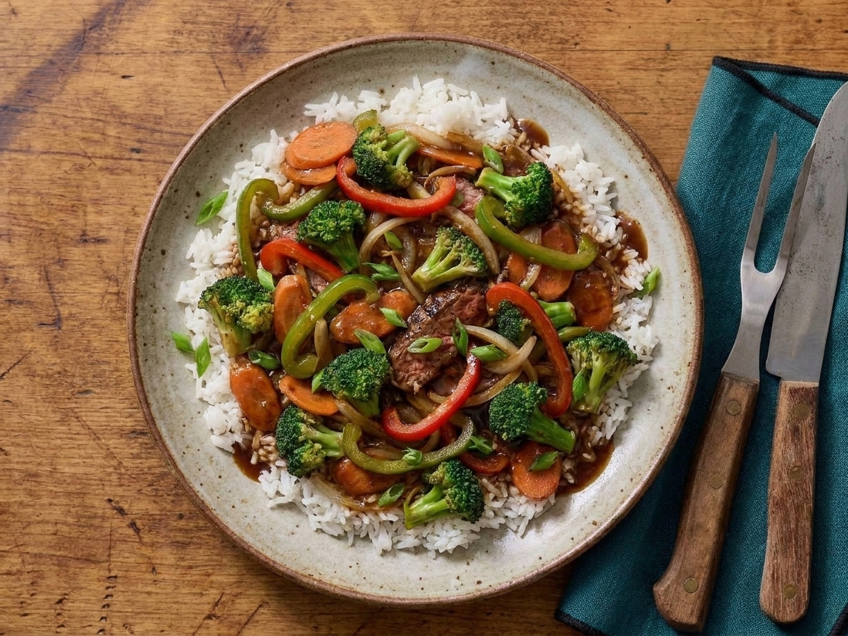 A plate of beef stir fry over steamed white rice with scallions on top, set on a simple dinner table