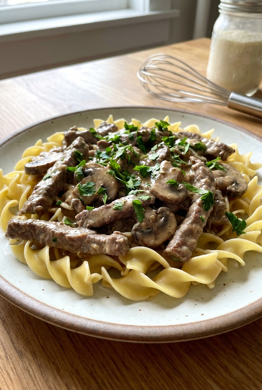 A plate of beef stroganoff served over egg noodles with parsley on top