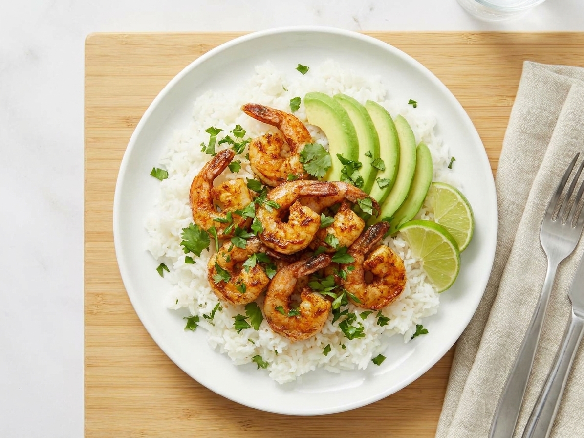 A plate of blackened shrimp served over fluffy white rice with sliced avocado, lime wedges, and chopped herbs on a simple dining table setting