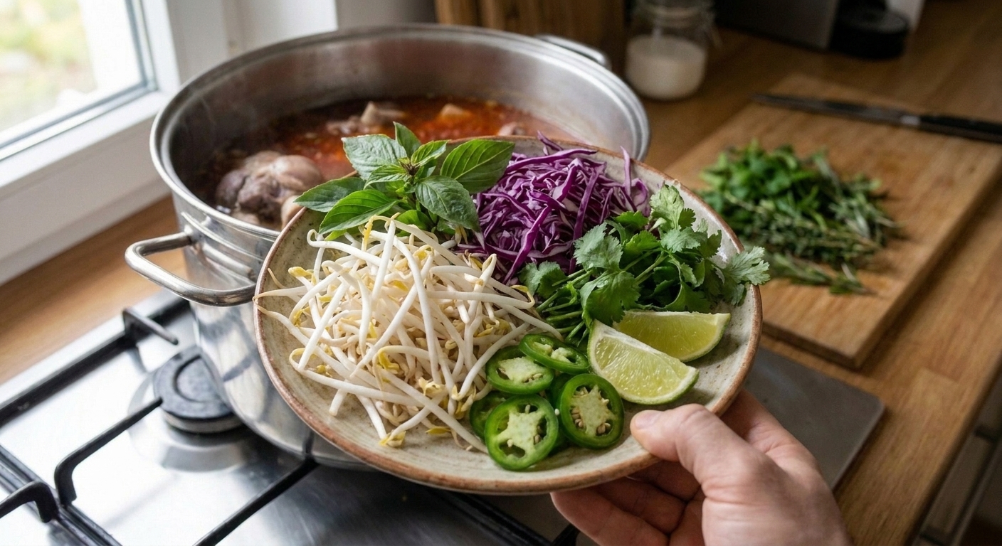 A plate of bún bò Huế toppings with bean sprouts, shredded cabbage, Thai basil, cilantro, sliced jalapeño, and lime wedges