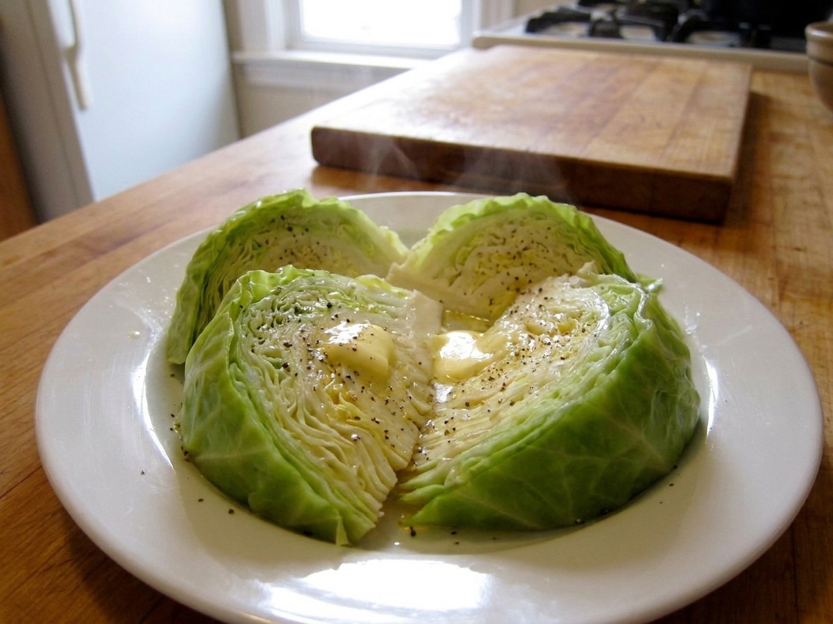 A plate of boiled cabbage wedges topped with melting butter and cracked black pepper on a simple dinner table setting