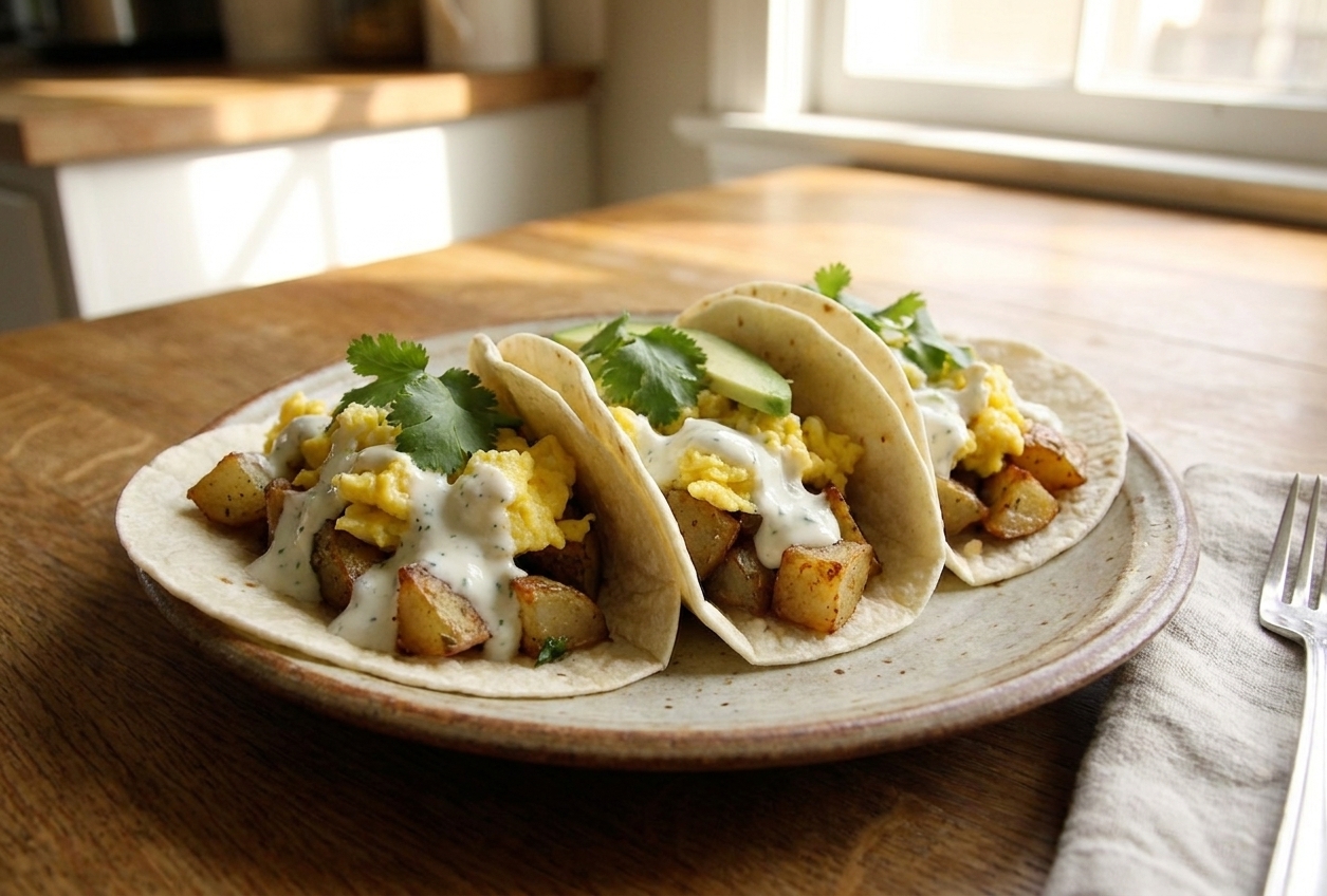 A plate of breakfast tacos filled with crispy skillet potatoes and fluffy scrambled eggs, drizzled with a creamy lime yogurt sauce, set on a warm kitchen table with morning light