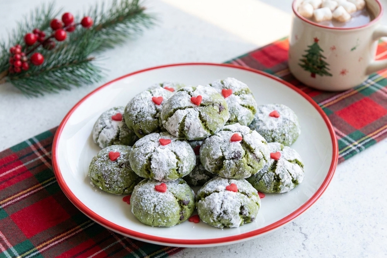 A plate of bright green Grinch cookies with small red heart sprinkles on top, set on a cozy kitchen table with soft natural light