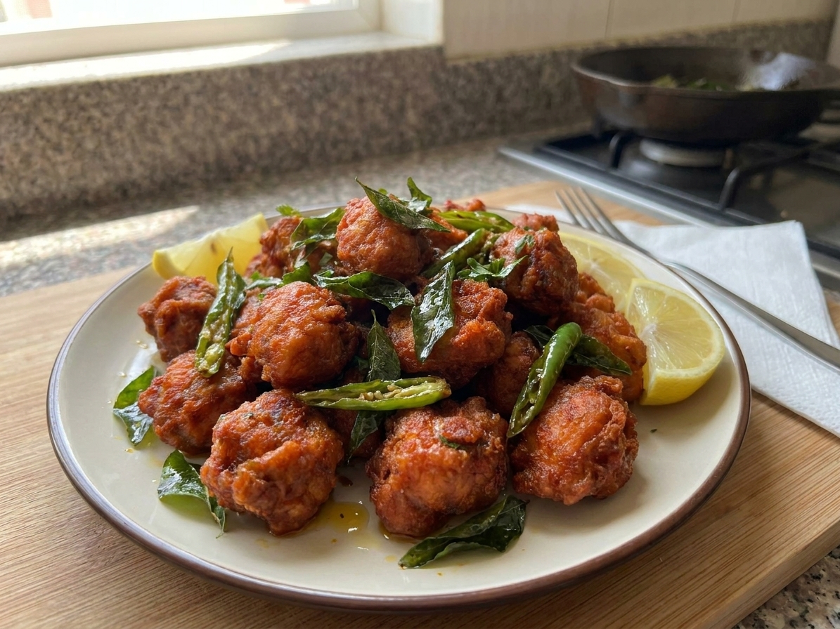 A plate of bright red-orange Chicken 65 pieces with crisp edges, garnished with curry leaves and sliced green chiles, served with lemon wedges on a simple dinner table