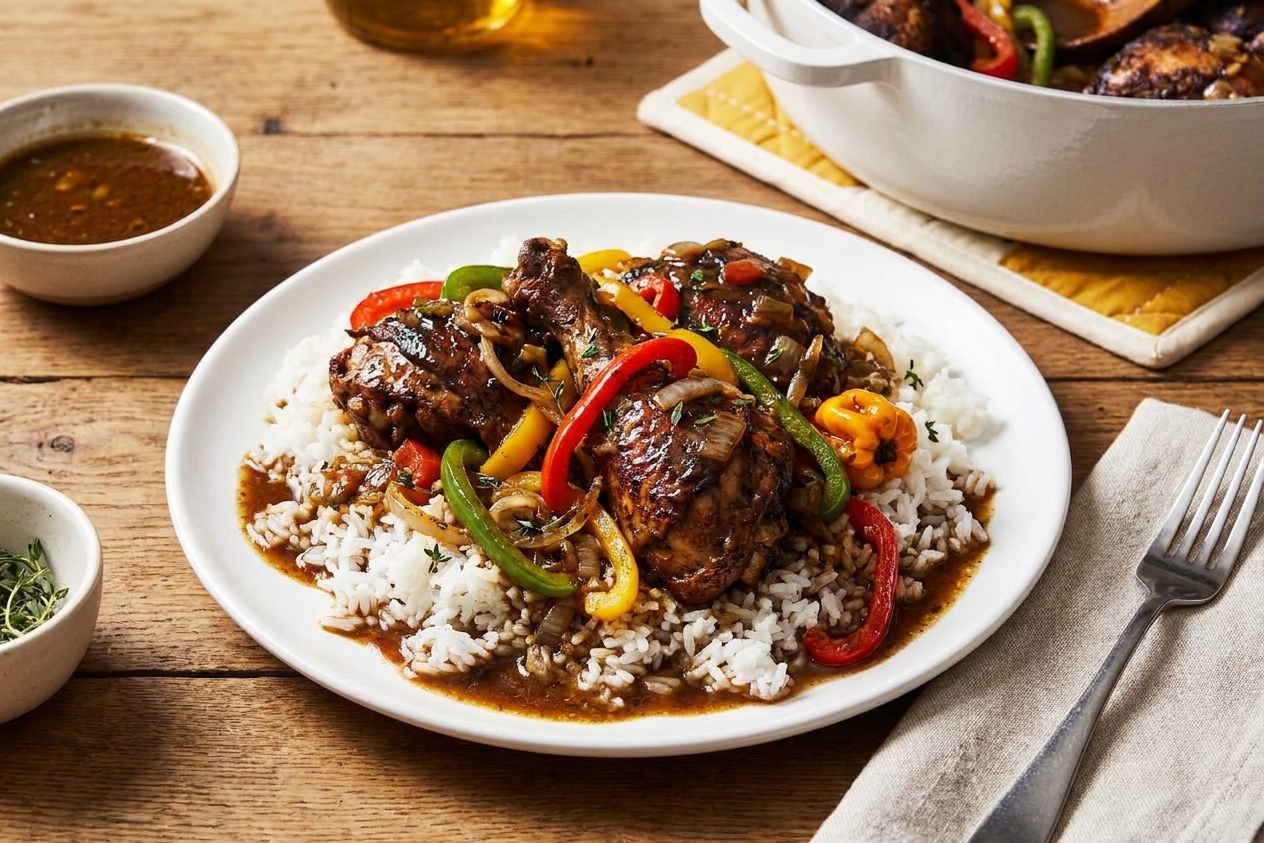 A plate of brown stew chicken over white rice with glossy gravy, sliced bell peppers on top, and a simple family-style table setting