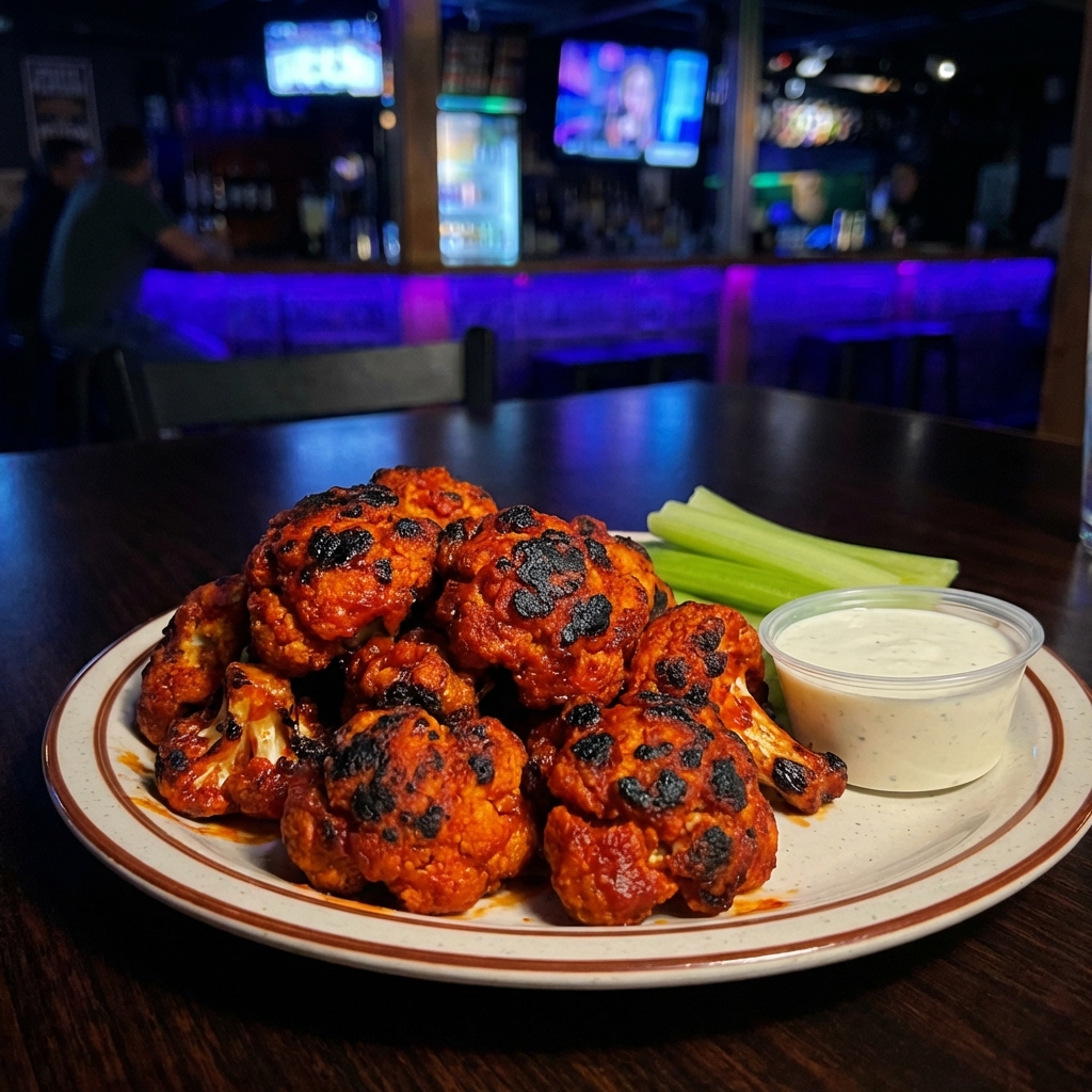 A plate of buffalo cauliflower bites with charred spots