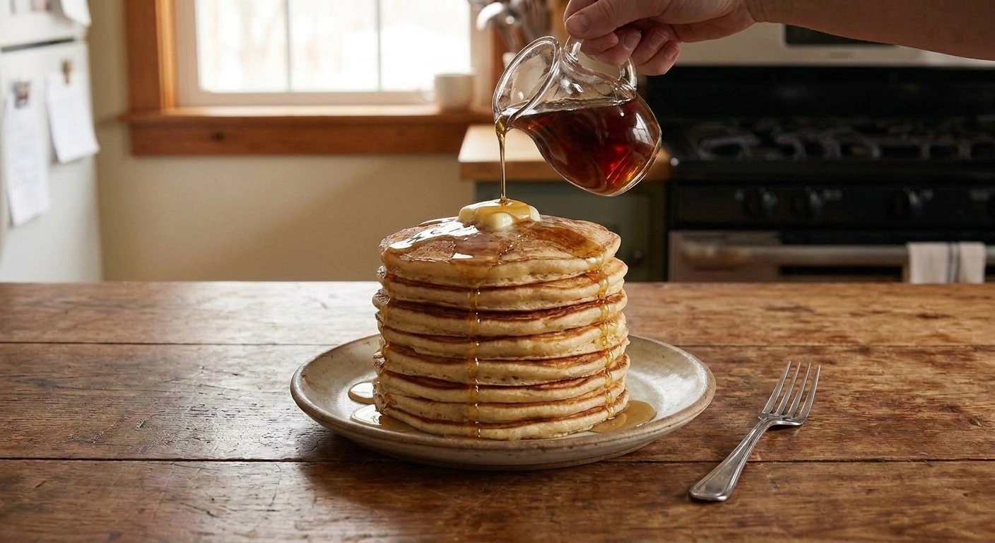 A plate of buttermilk pancakes served with butter and maple syrup on a simple family kitchen table setting