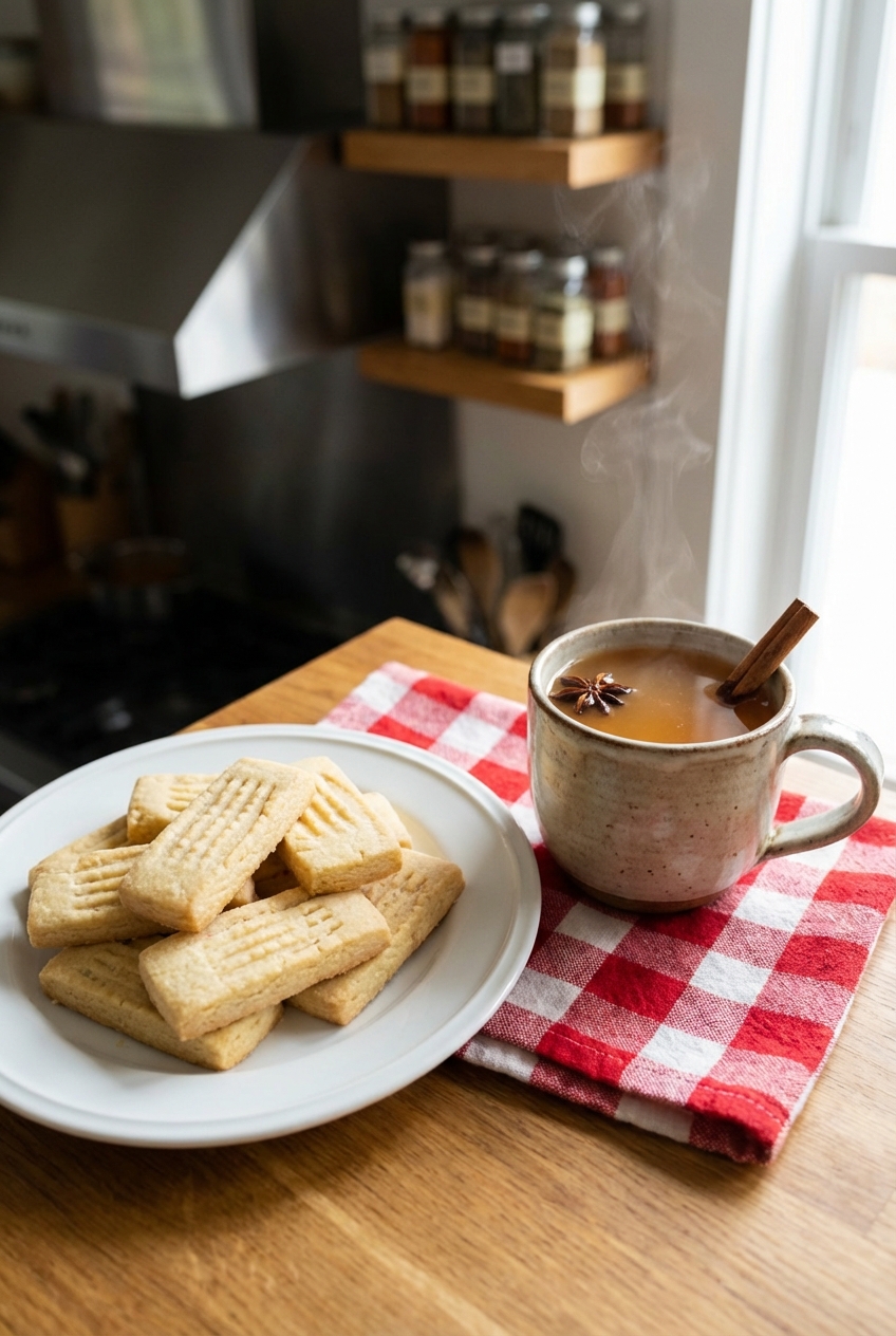 A plate of buttery shortbread cookies beside a cup of hot spiced drink on a napkin