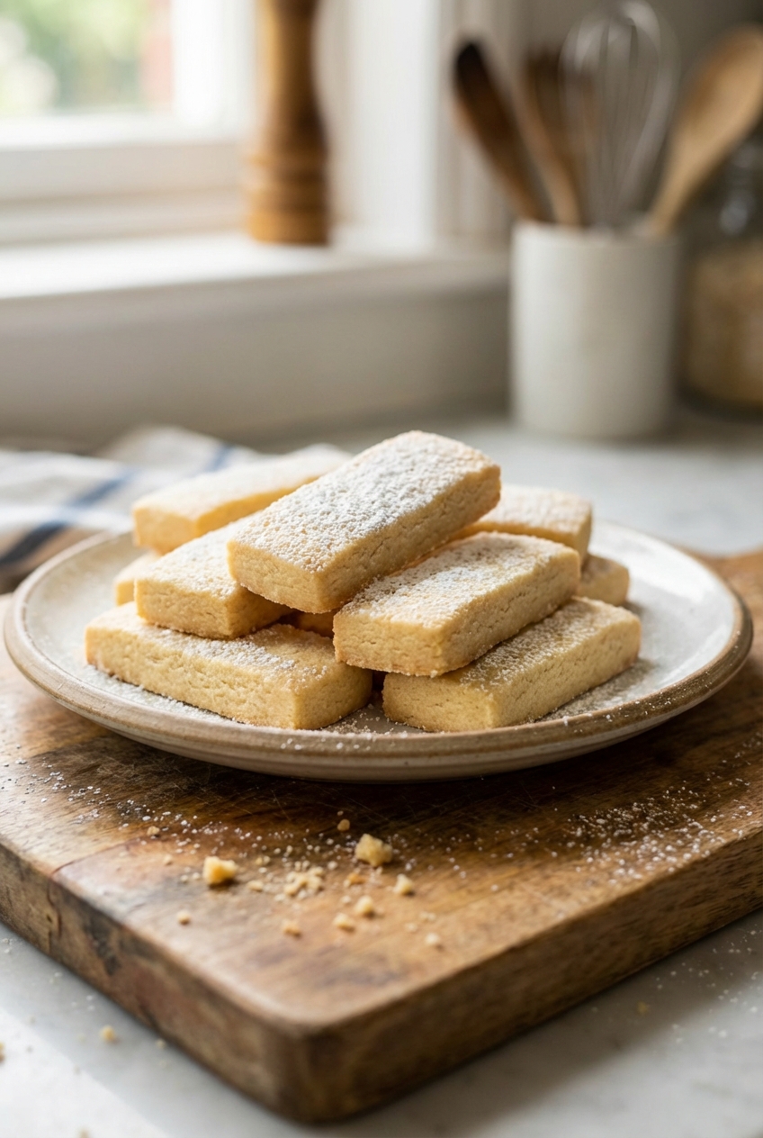 A plate of buttery shortbread cookies on a small wooden board